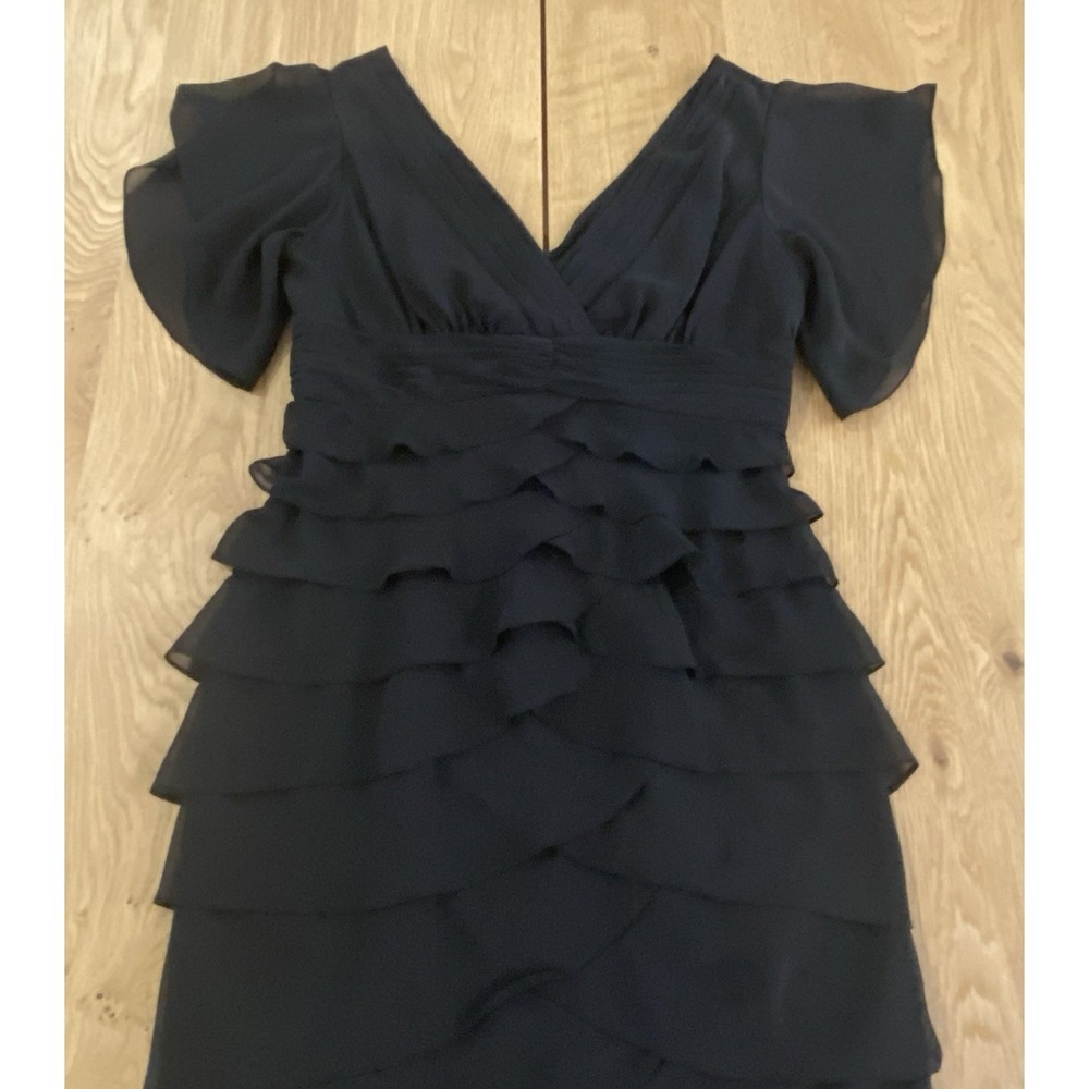 Adrianna Papell Women's Silk Flutter Sleeve Tiered Dress 8 Black Formal Cocktail